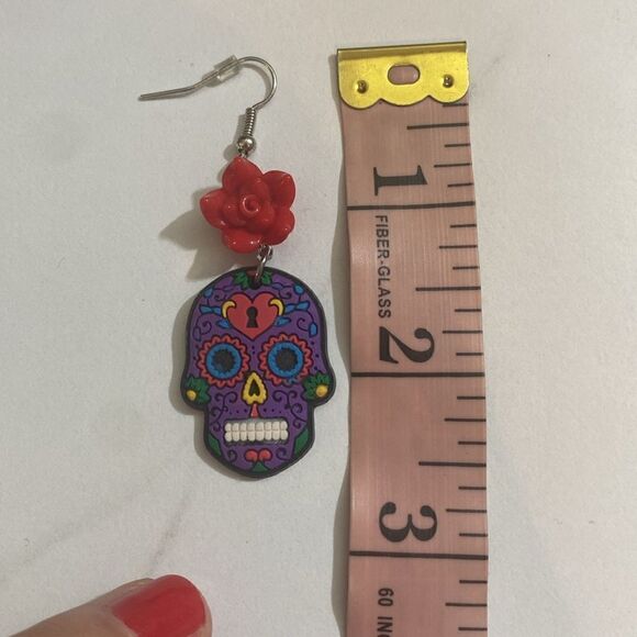 NEW Purple Day of the Dead Sugar Skull Drop Earrings - Picture 6 of 6